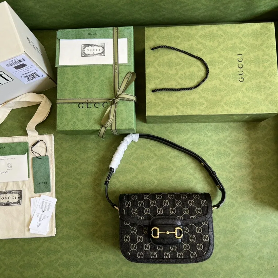 Gucci Horsebit 1955 Shoulder Bag / Black And Ivory GG Denim Jacquard Gold Hardware Gucci Horsebit 1955 Shoulder Bag / Black And Ivory GG Denim Jacquard Gold Hardware