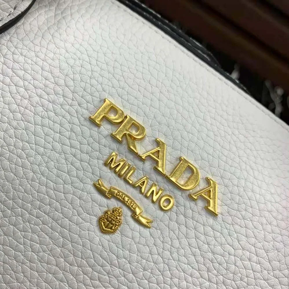 Prada Leather Handbag with Metal lettering Logo on the Front for Women in White