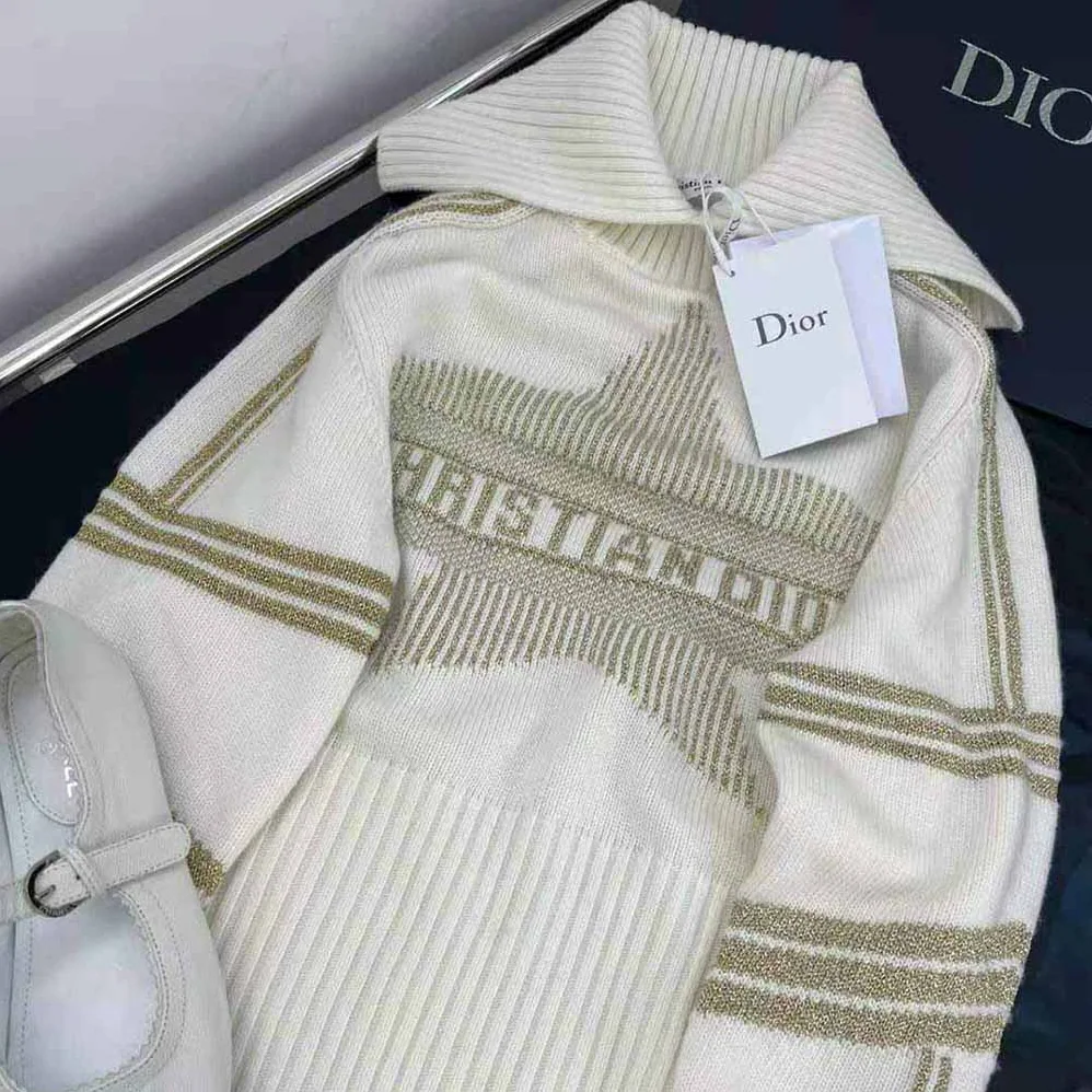 Dior Dioralps Stand Collar Sweater Beige Three-Tone Dior Star Wool Knit and Cashmere for Women