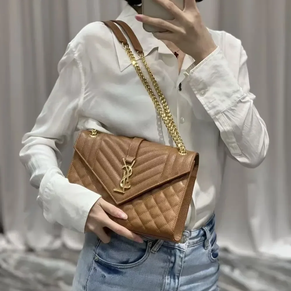 Saint Laurent YSL Envelope Medium in Matelasse Lambskin for Women in Brown