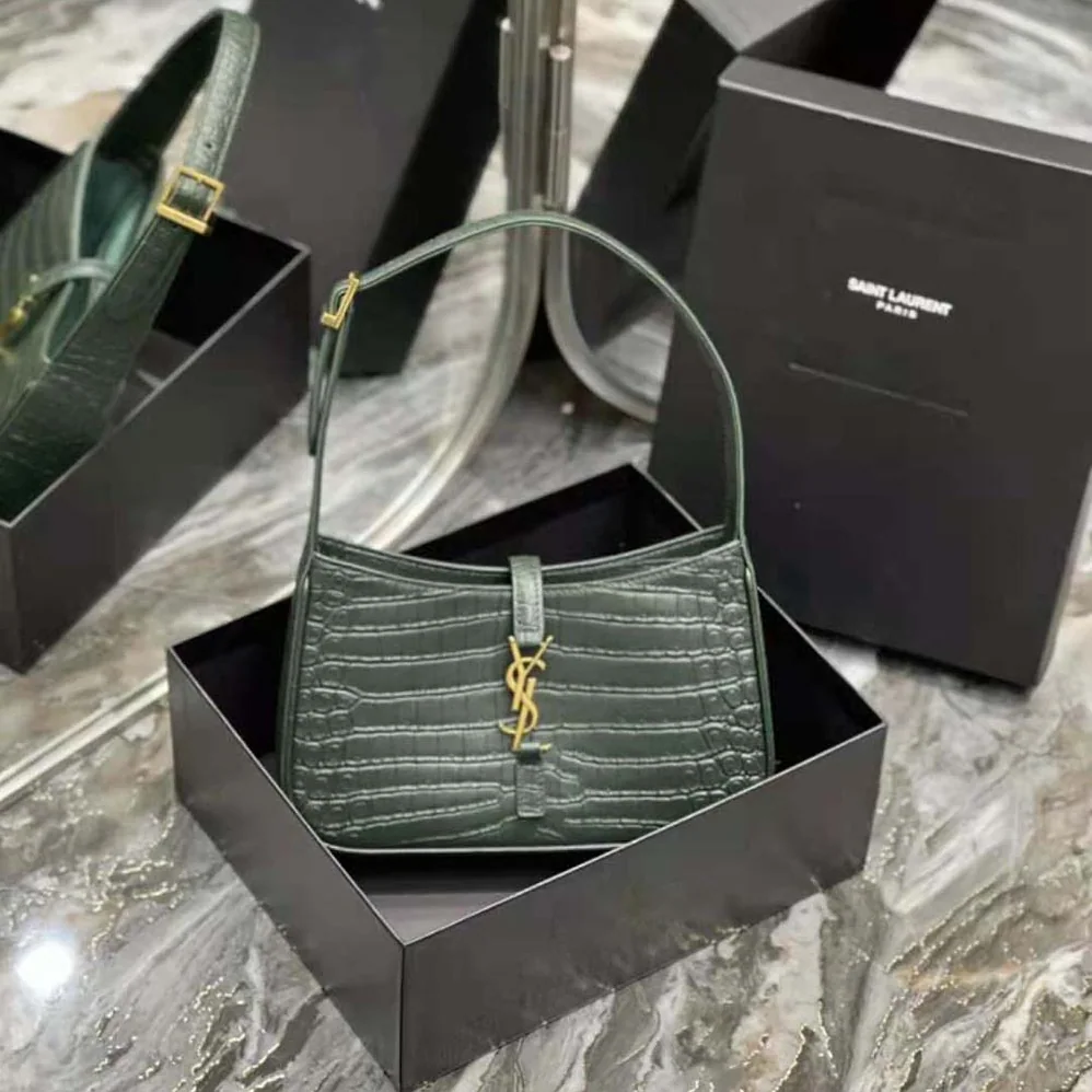 Saint Laurent YSL Le 5 A 7 Hobo Bag in Crocodile-Embossed Leather for Women in Green Saint Laurent YSL Le 5 A 7 Hobo Bag in Crocodile-Embossed Leather for Women in Green
