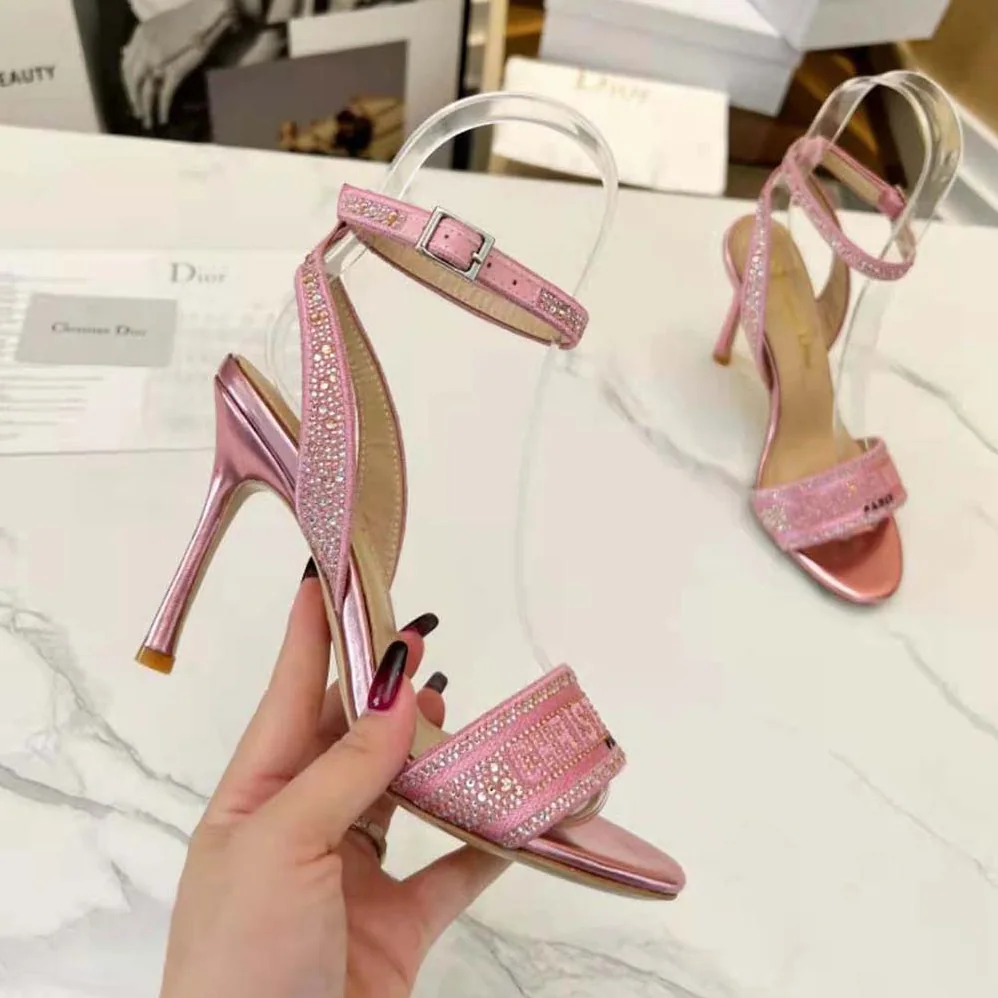 Dior Dway Heeled Slide Pink Cotton Embroidered with Metallic Thread and Strass for Women