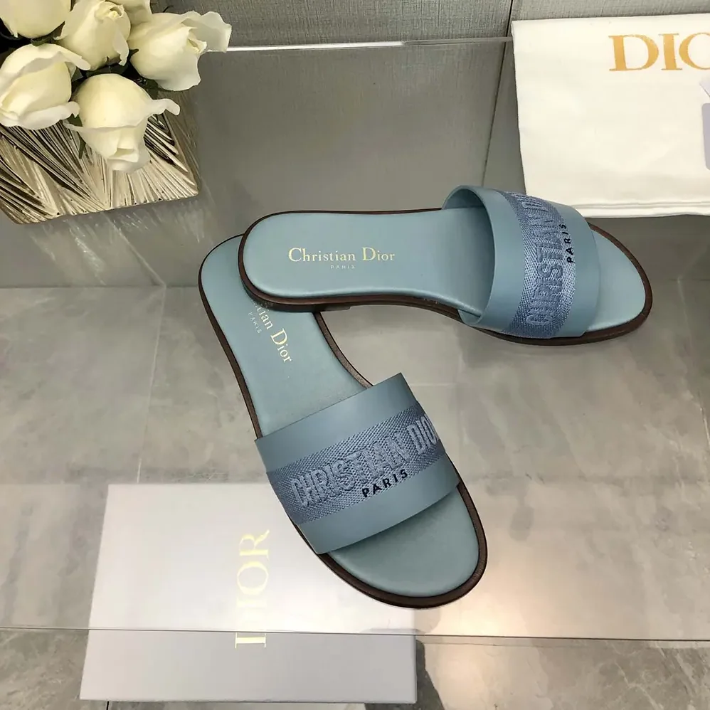 Dior Dway Slide Pastel Blue Calfskin and Embroidered Cotton for Women