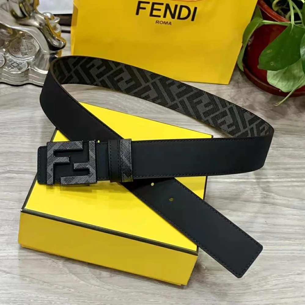 Fendi Gray Leather Belt with FF Buckle with Stud Closure for Men