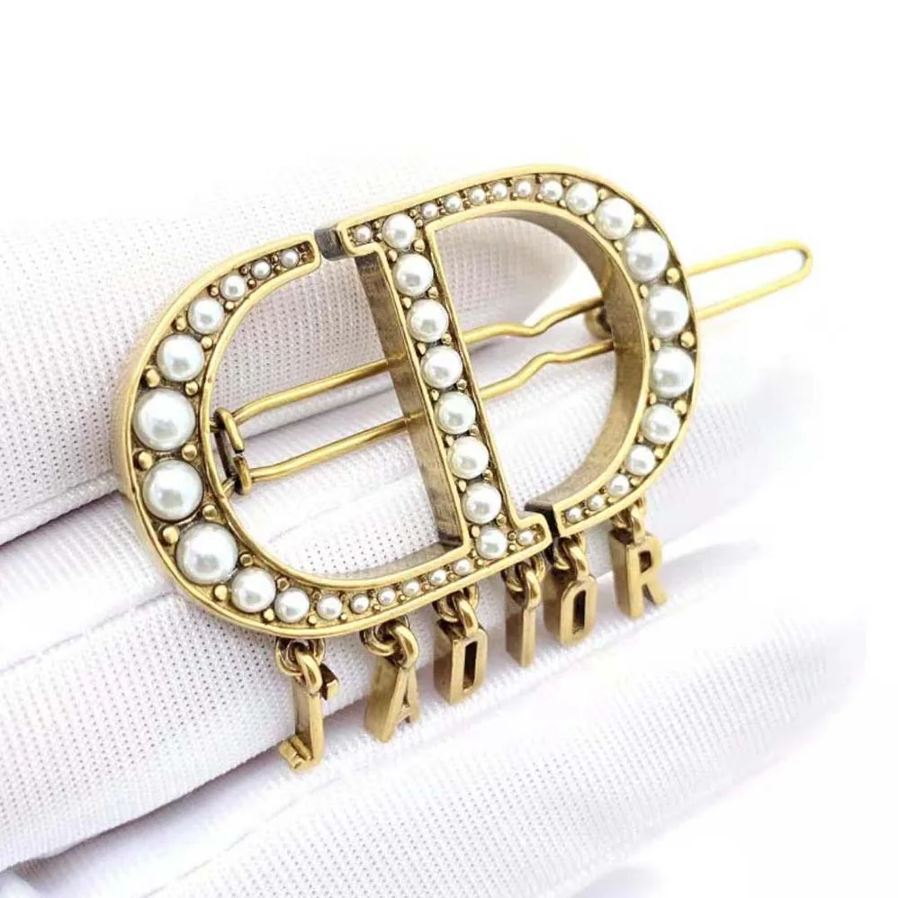 Dior 30 Montaigne Barrette Antique Gold-Finish Metal and White Resin Pearls for Women