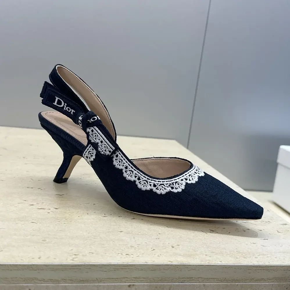 Dior J'Adior Slingback Pump Blue Dior Oblique Embroidered Cotton and White Lace for Women Dior J'Adior Slingback Pump Blue Dior Oblique Embroidered Cotton and White Lace for Women