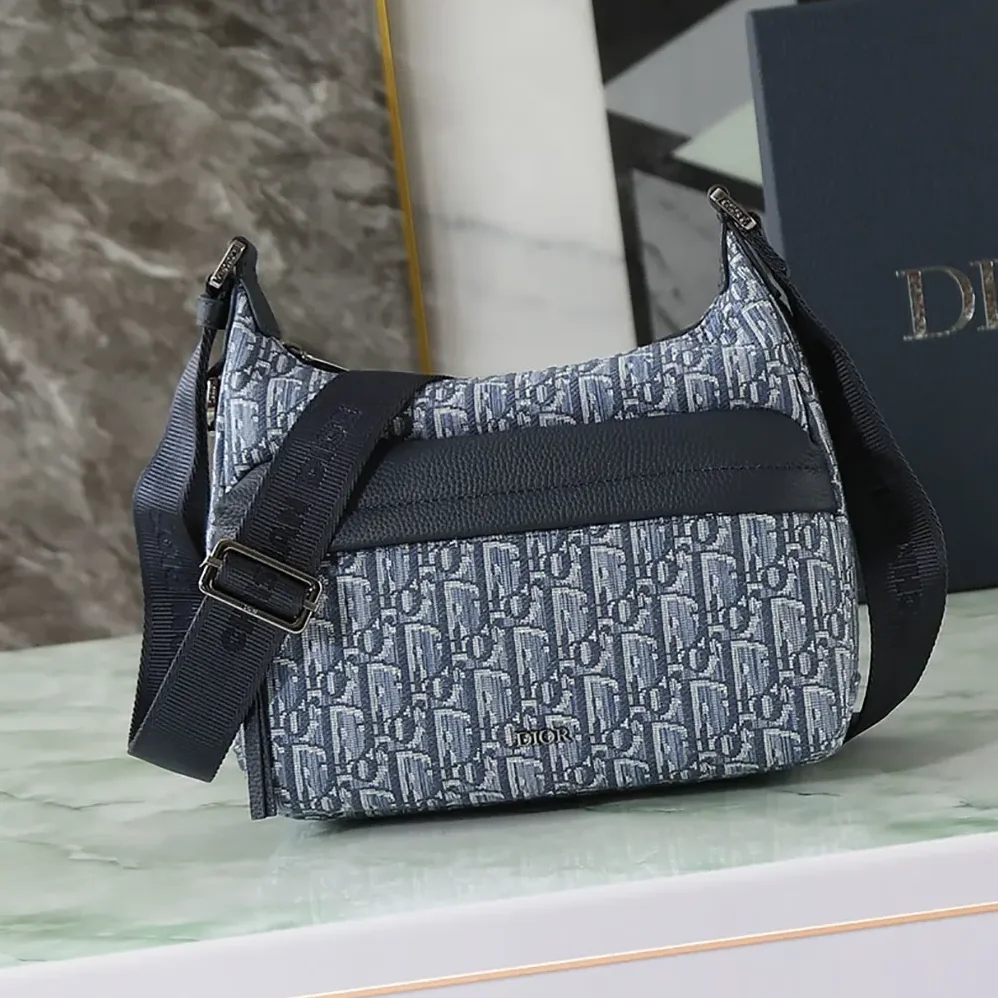 Dior Small Rider Soft Hobo Bag Blue Dior Oblique Jacquard and Blue Grained Calfskin for Men