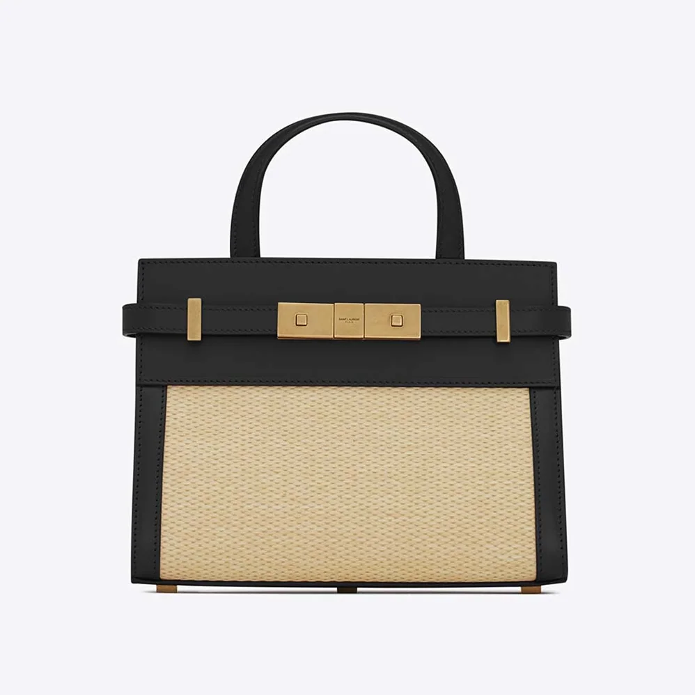Saint Laurent YSL Manhattan Nano Shopping Bag in Raffia and Smooth Leather for Women in Black
