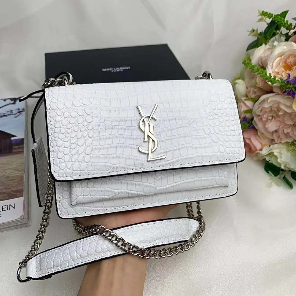 Saint Laurent YSL Sunset Medium Crocodile Embossed Shiny for Women in White Saint Laurent YSL Sunset Medium Crocodile Embossed Shiny for Women in White