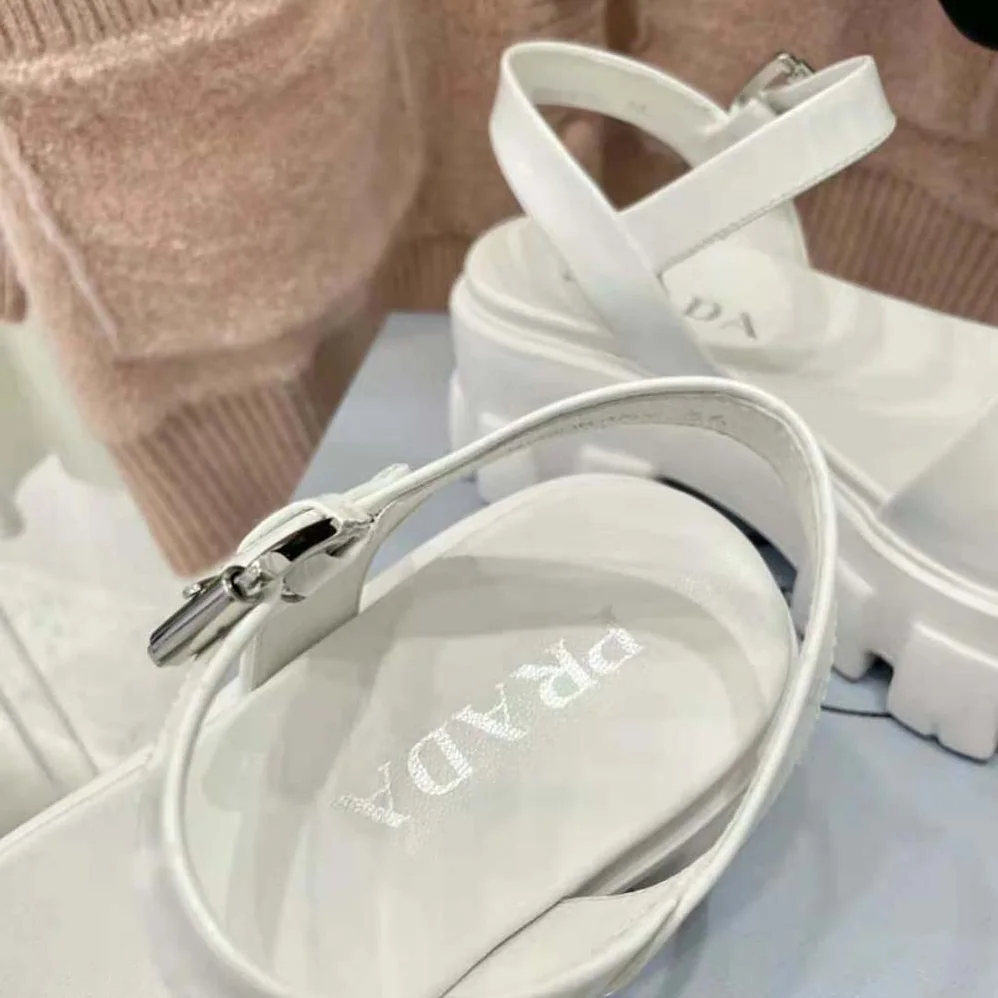 Prada Monolith Brushed Leather Sandals in 55mm Heel for Women in White