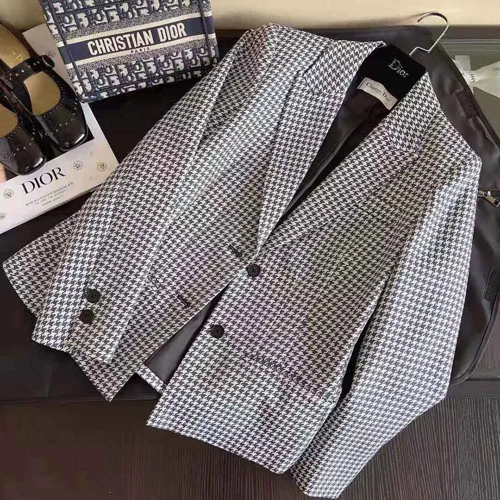 Dior Fitted Jacket Black and White Wool Twill and Silk with Micro Houndstooth Motif for Women