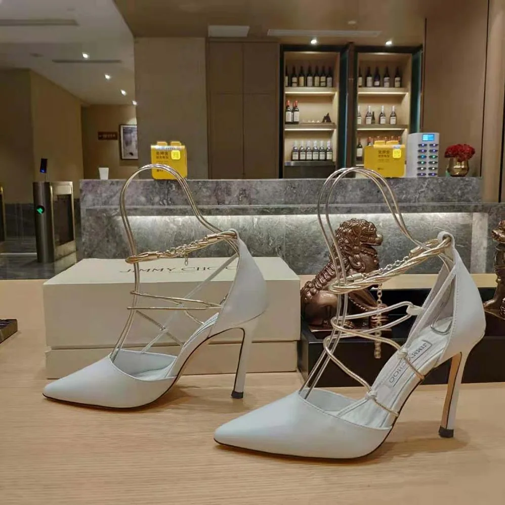 Jimmy Choo Olesia 95 Latte Nappa Pumps with Gold Chains for Women Jimmy Choo Olesia 95 Latte Nappa Pumps with Gold Chains for Women