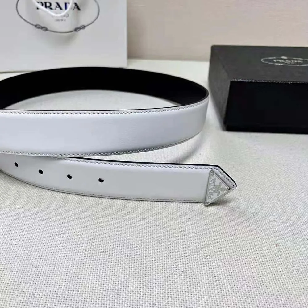 Prada Leather Belt with Enameled-Metal Triangle Logo for Women in White