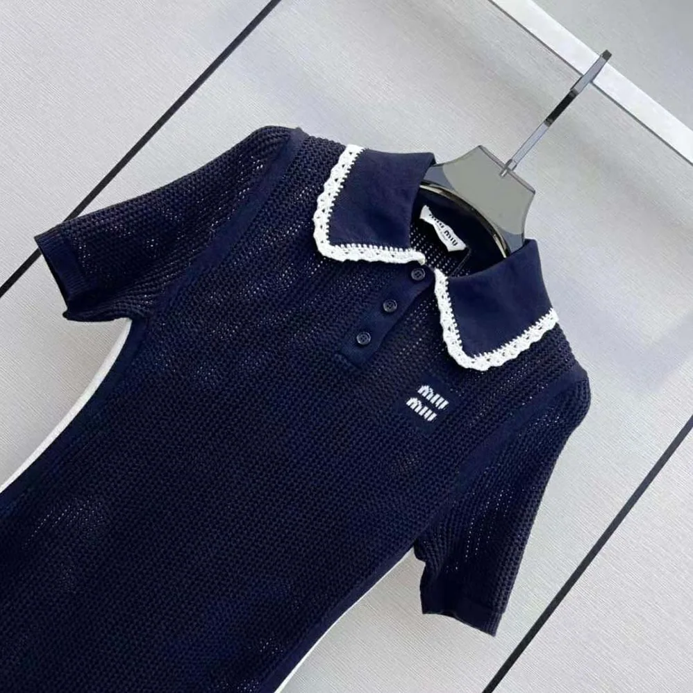 Miu Miu Cotton Knit Dress with Intarsia Logo for Women Miu Miu Cotton Knit Dress with Intarsia Logo for Women