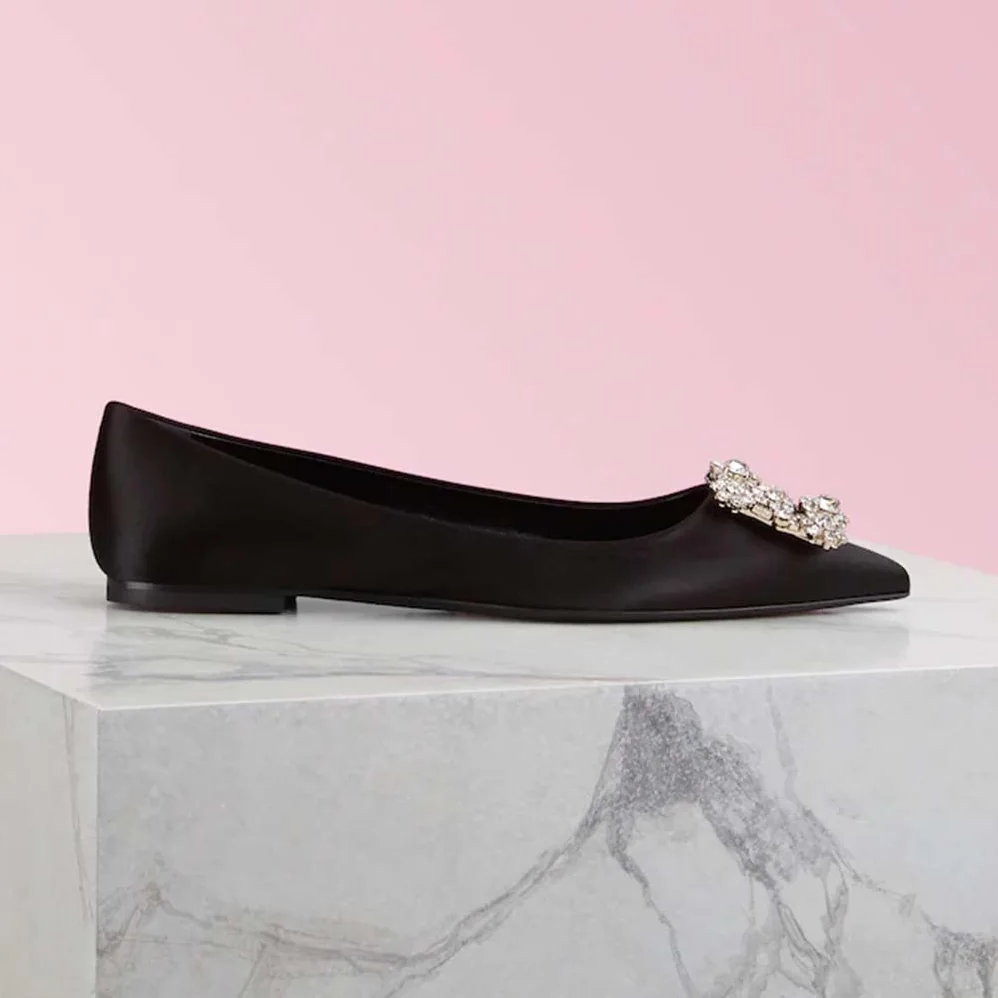 Roger Vivier Flower Strass Buckle Ballerinas Silk Satin for Women in Black