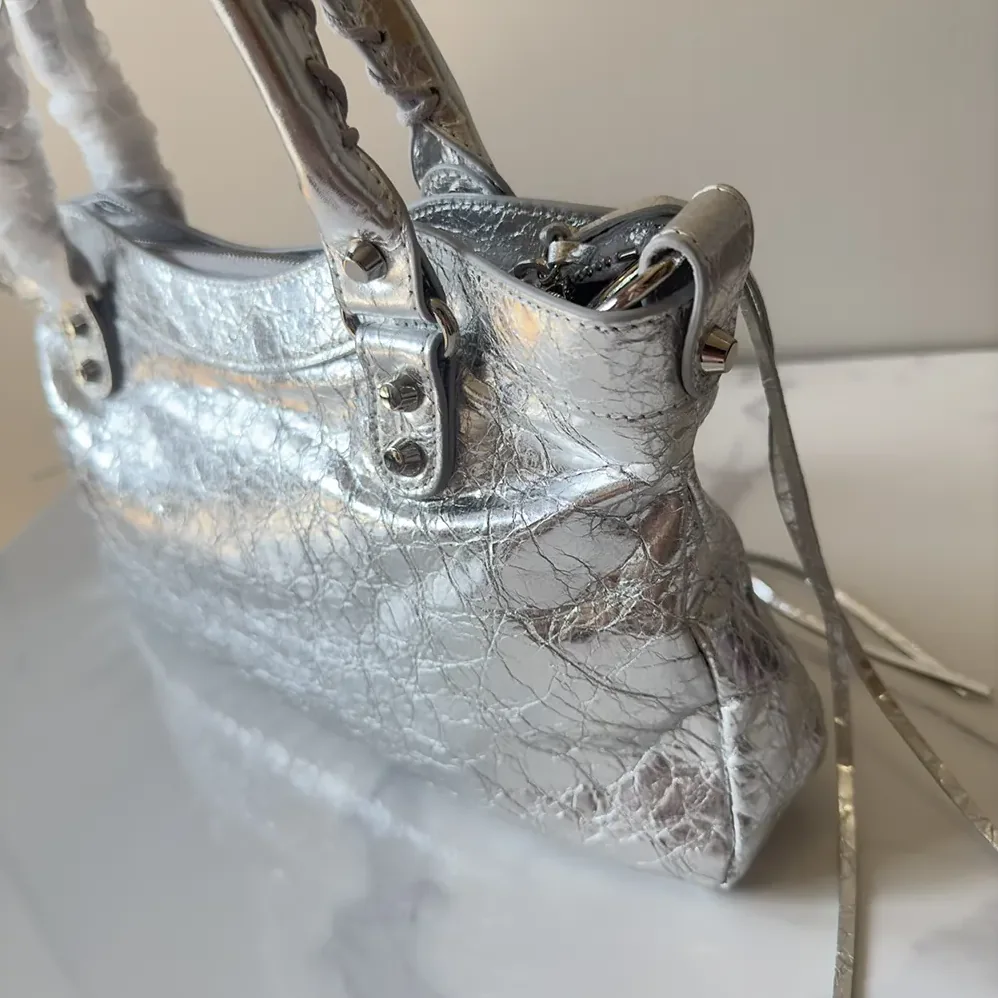 Balenciaga Le City First Bag In Silver Metallized Arena Lambskin for Women Balenciaga Le City First Bag In Silver Metallized Arena Lambskin for Women