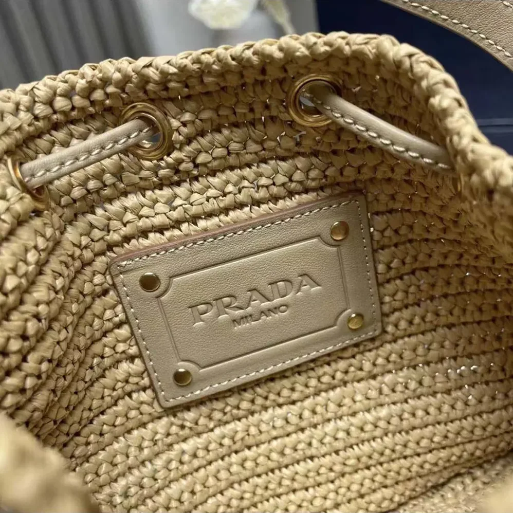Prada Mini Crochet and Leather Bucket Bag for Women in Natural
