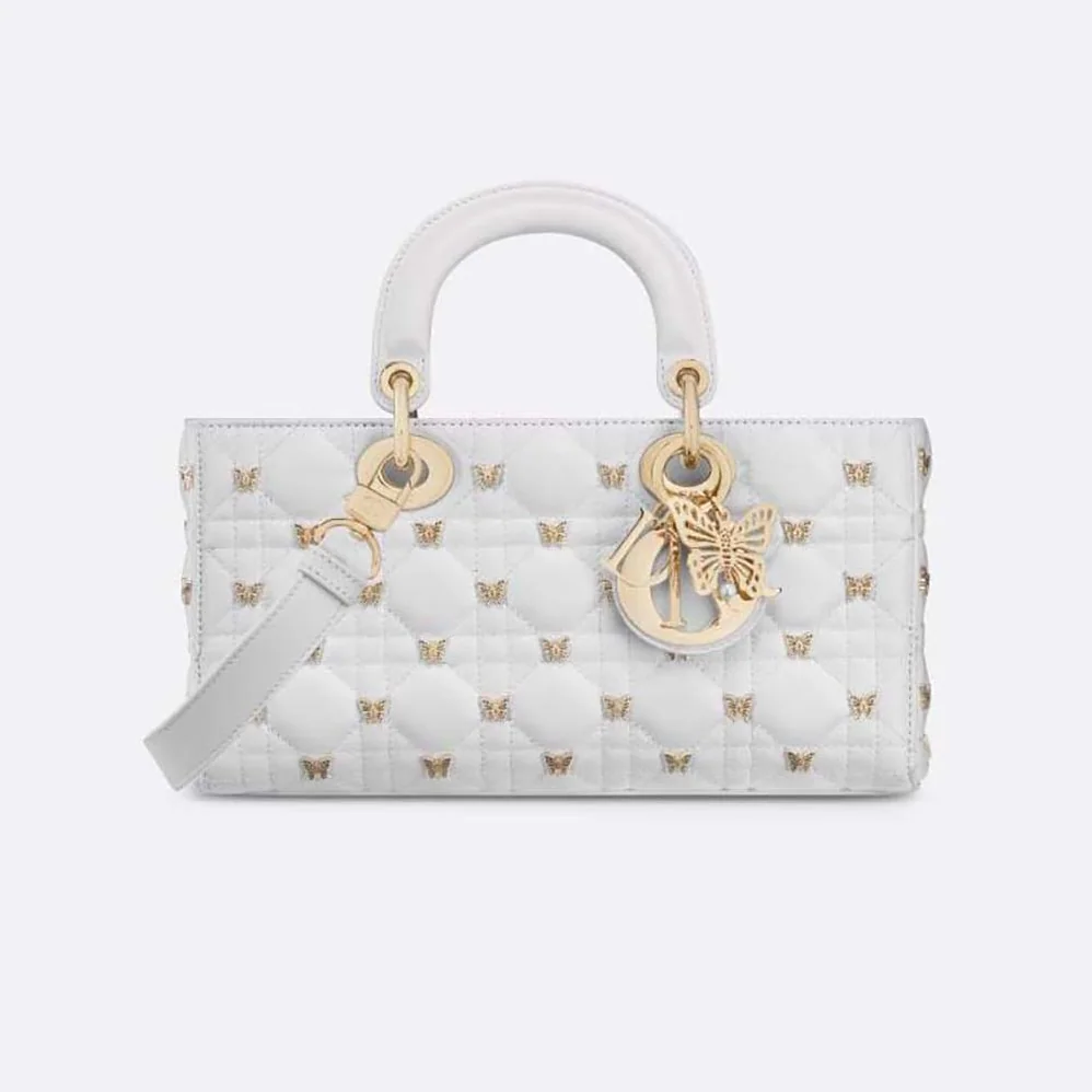 Dior Medium Lady D-joy Bag White Cannage Lambskin with Gold for Women in Finish Butterfly Studs Dior Medium Lady D-joy Bag White Cannage Lambskin with Gold for Women in Finish Butterfly Studs