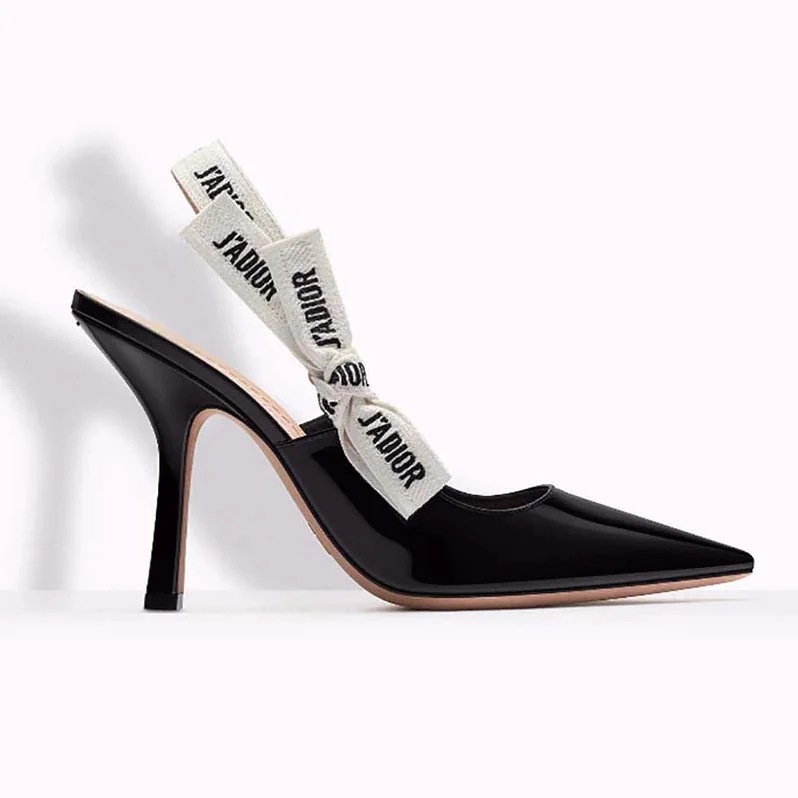 Dior Slingback Black Patent Calfskin Leather J'Adior Ribbon 10cm for Women
