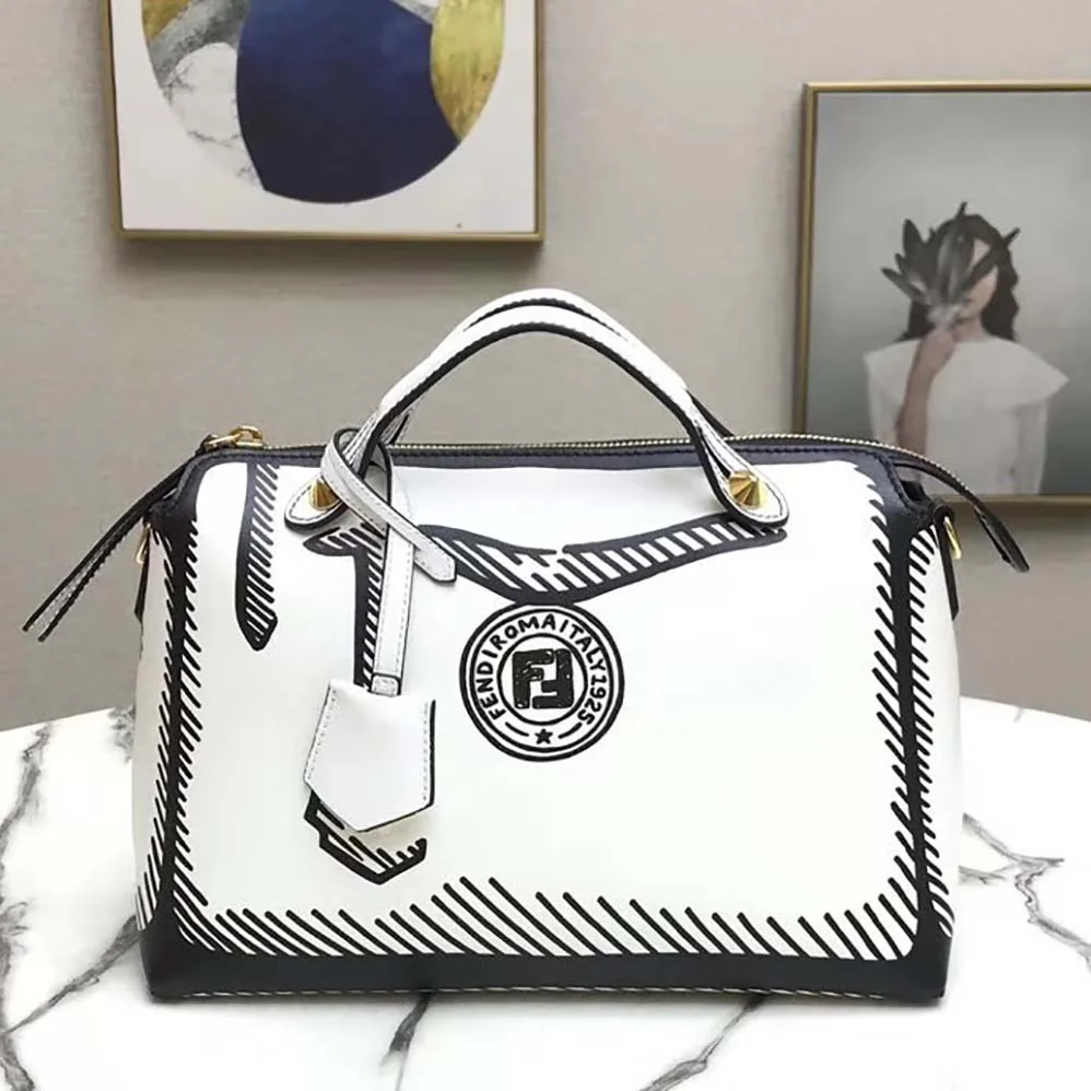 Fendi by the way Medium White Leather Printed Boston Bag for Women Fendi by the way Medium White Leather Printed Boston Bag for Women