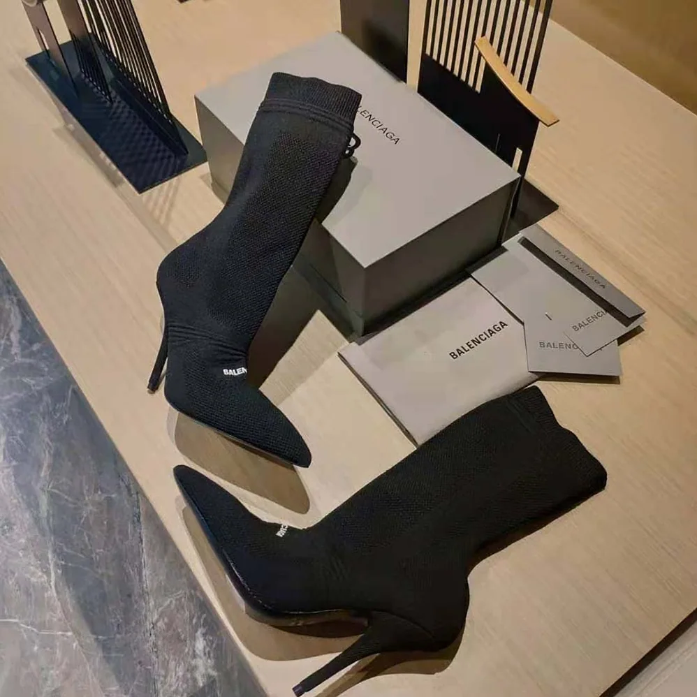 Balenciaga Knife 2.0 80mm Bootie in Black and White Textured Recycled Knit for Women Balenciaga Knife 2.0 80mm Bootie in Black and White Textured Recycled Knit for Women