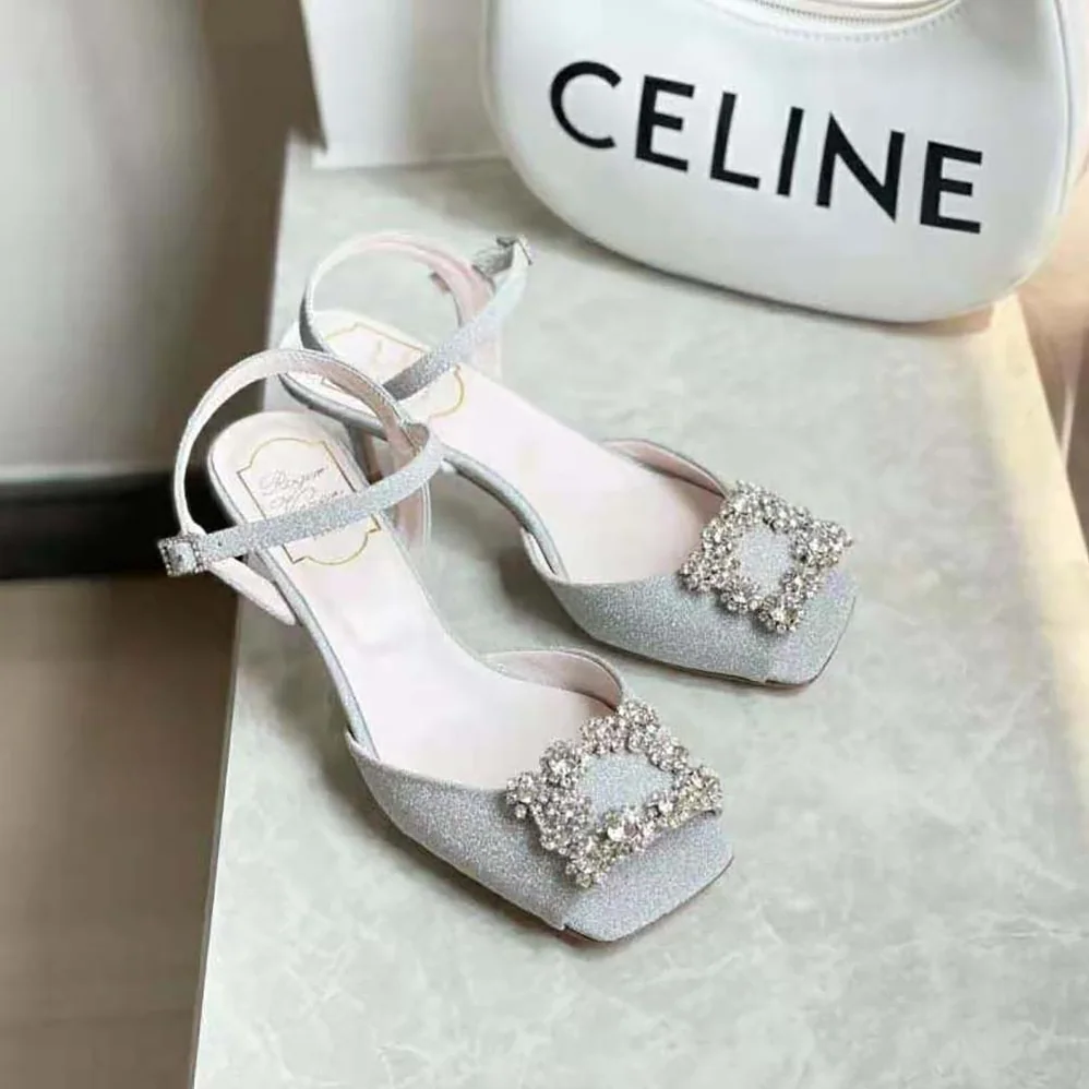Roger Vivier Flower Strass Buckle Sandals in Satin for Women in Silver Roger Vivier Flower Strass Buckle Sandals in Satin for Women in Silver