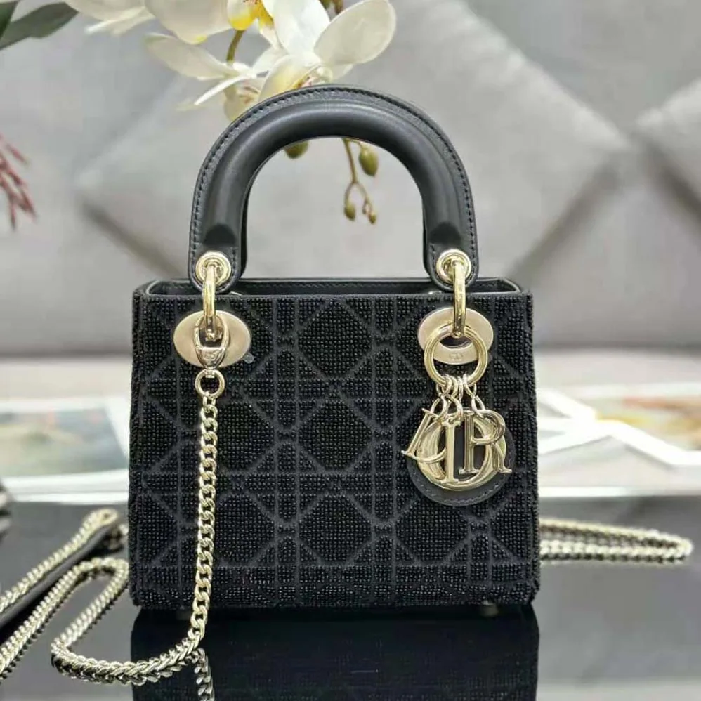 Dior Mini Lady D-joy Bag Black Cannage Cotton with Micropearl Embroidery for Women Dior Mini Lady D-joy Bag Black Cannage Cotton with Micropearl Embroidery for Women