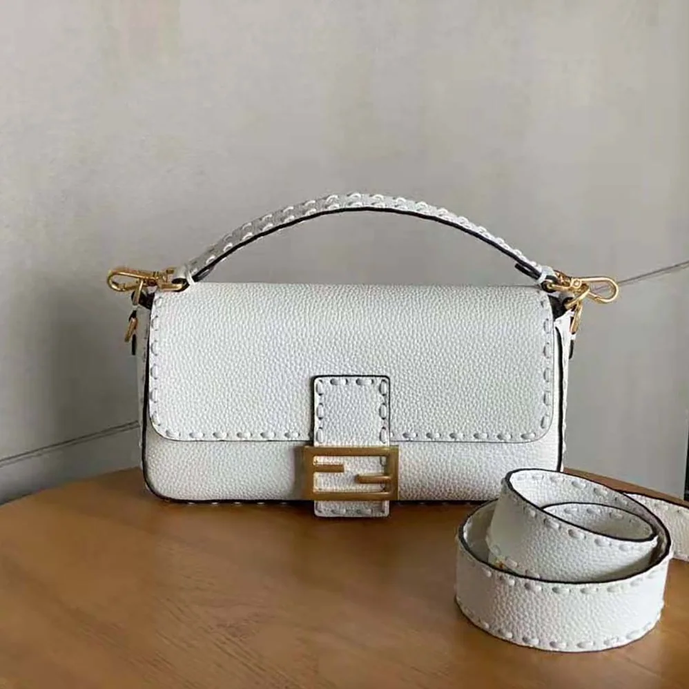 Fendi Baguette Camellia Selleria Bag with Oversized Topstitching for Women