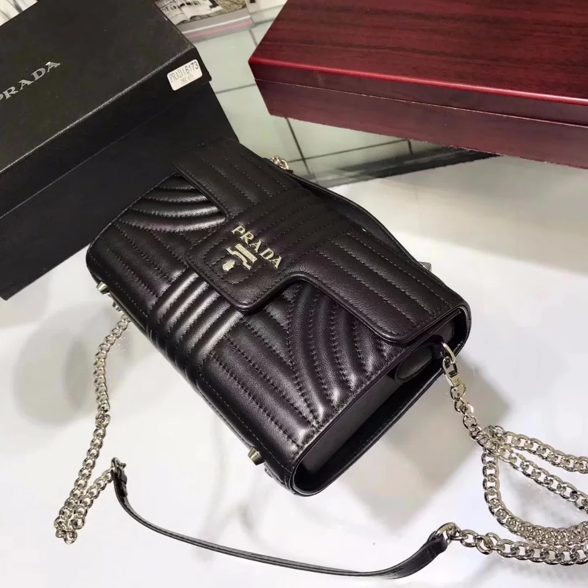 Prada Diagramme Big Leather Handbag with Top Handle in Black