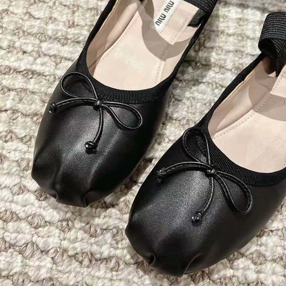 Miu Miu Leather Ballerinas with Fabric Logo Label for Women in Black