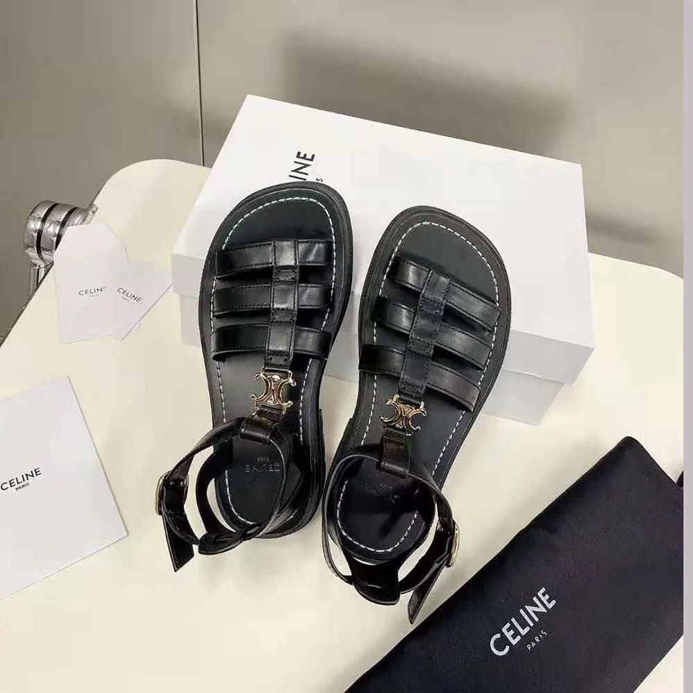 Celine Clea Triomphe Gladiator Chunky Sandal in Vegetal Calfskin for Women in Black Celine Clea Triomphe Gladiator Chunky Sandal in Vegetal Calfskin for Women in Black