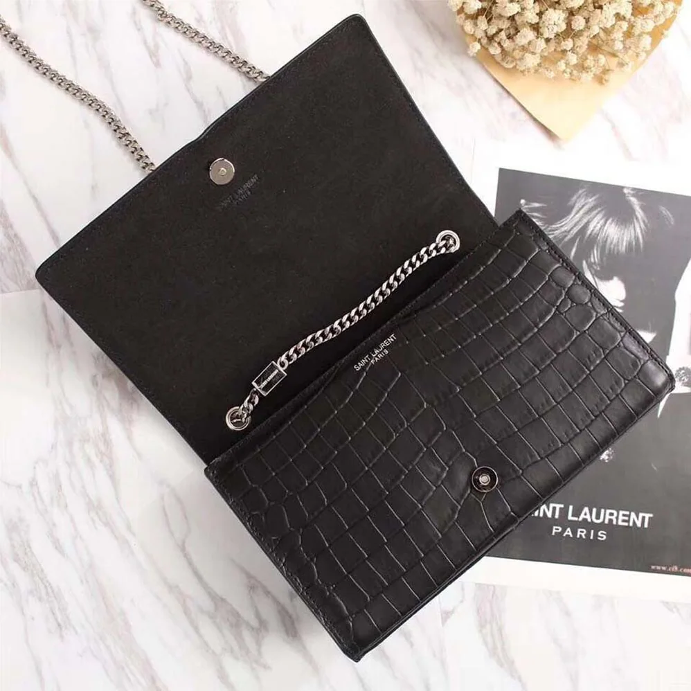 Saint Laurent YSL Kate Small Tassel Embossed Crocodile Shiny Calfskin for Women in Black