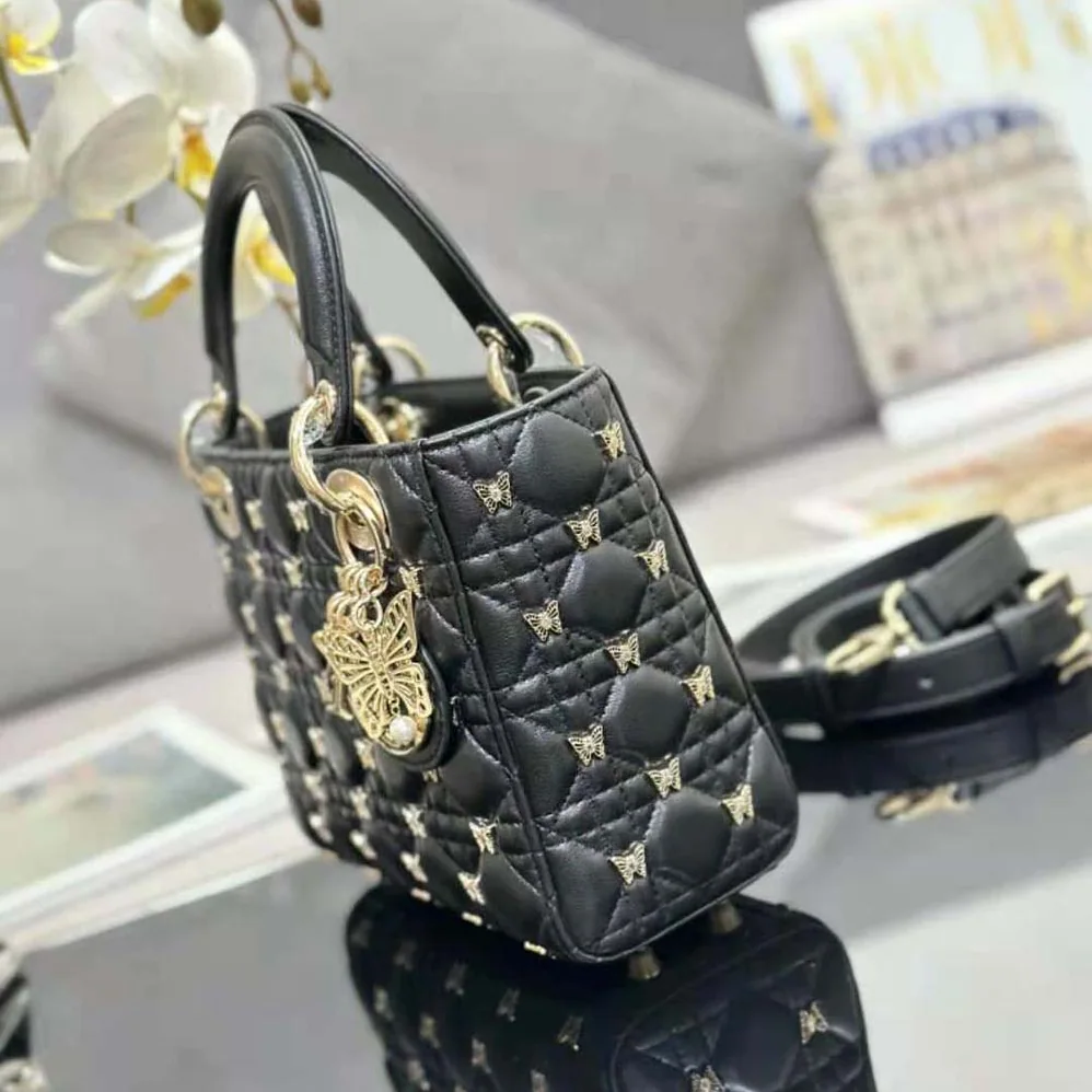 Dior Small Lady Dior Bag Black Cannage Lambskin with Gold for Women in Finish Butterfly Studs