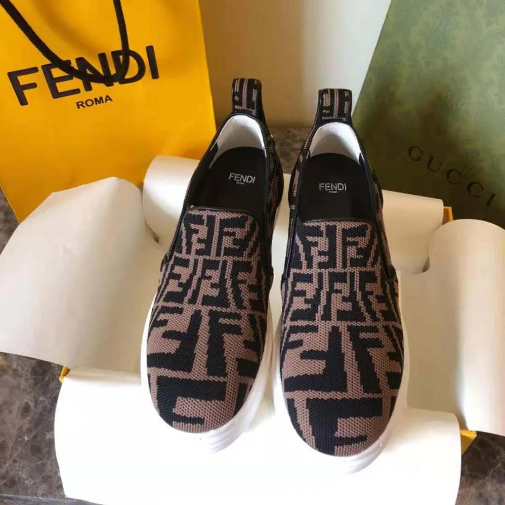 Fendi Rise Brown Fabric Slip Ons for Women