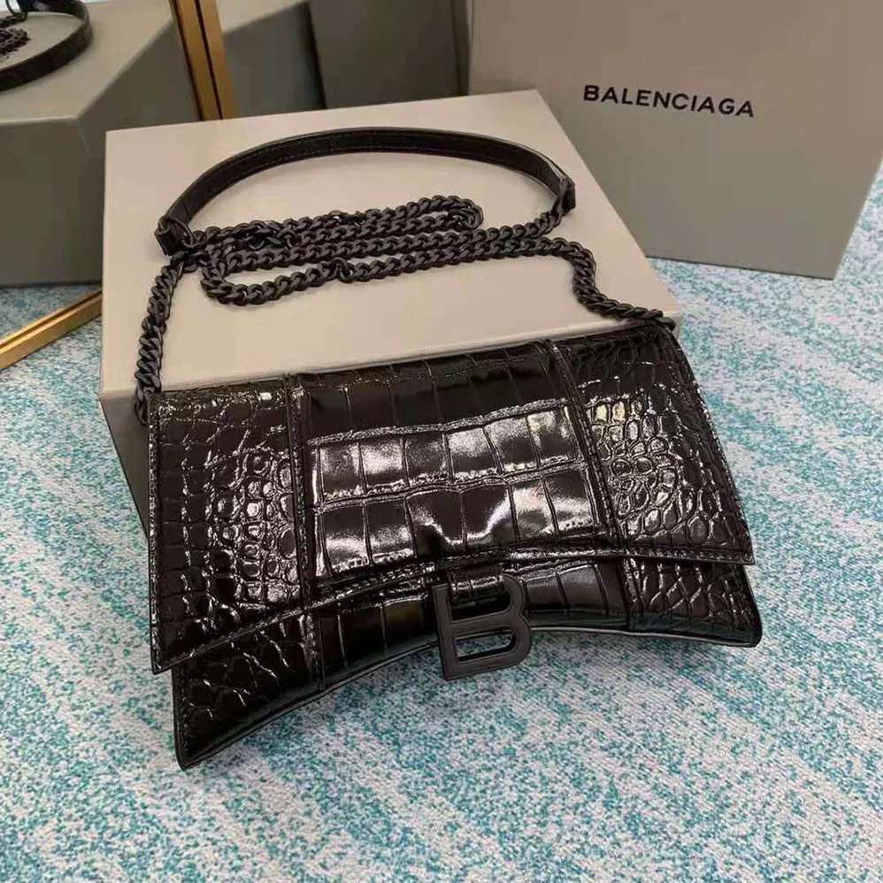 Balenciaga Hourglass Chain Bag in Black Shiny Crocodile Embossed Leather for Women Balenciaga Hourglass Chain Bag in Black Shiny Crocodile Embossed Leather for Women