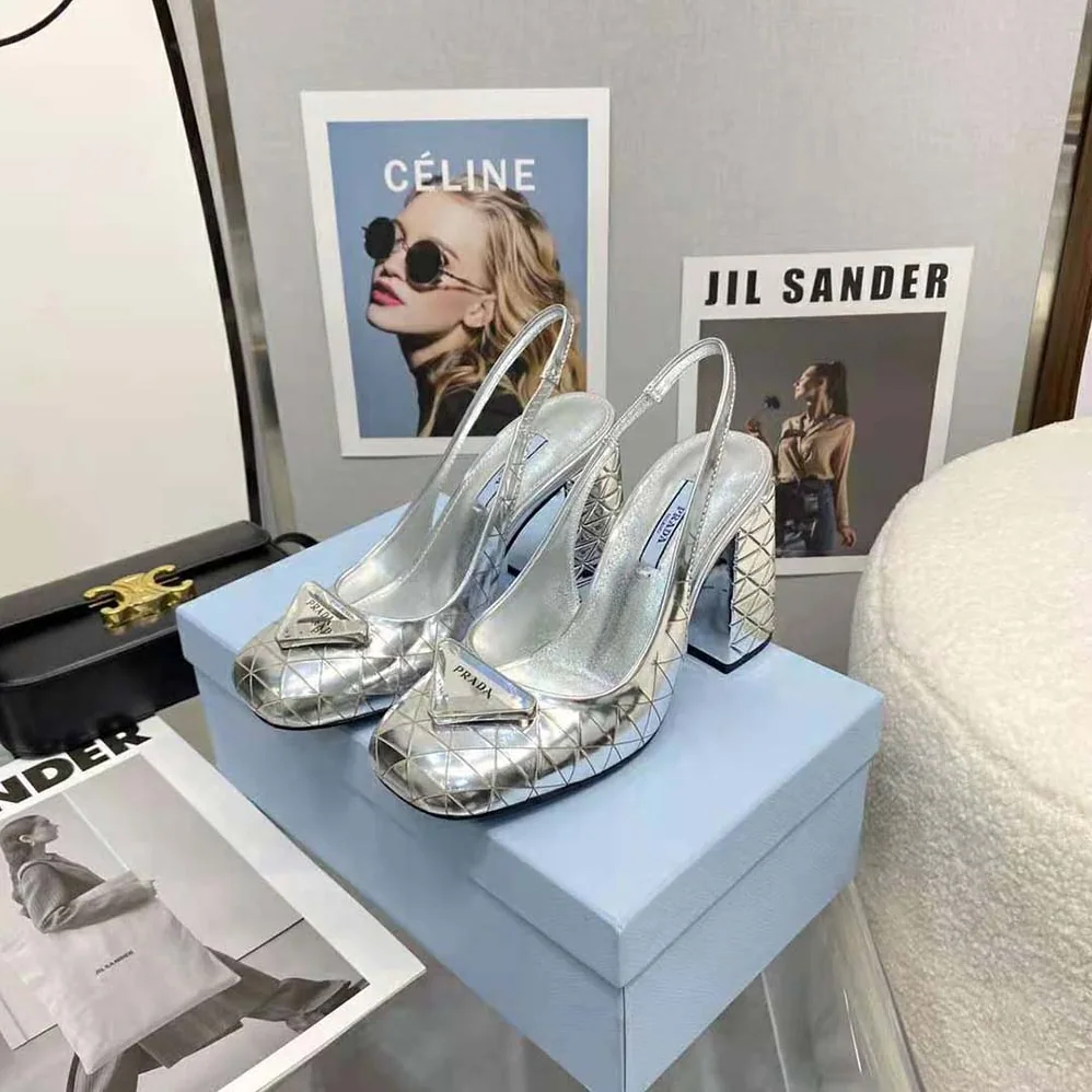 Prada Metallic Leather Slingback Pumps for Women in Silver Prada Metallic Leather Slingback Pumps for Women in Silver