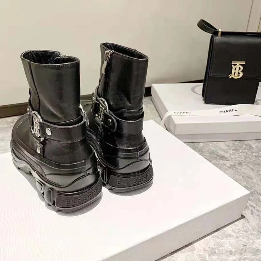 Burberry Monogram Motif Buckle Leather Boots for Women in Black Burberry Monogram Motif Buckle Leather Boots for Women in Black