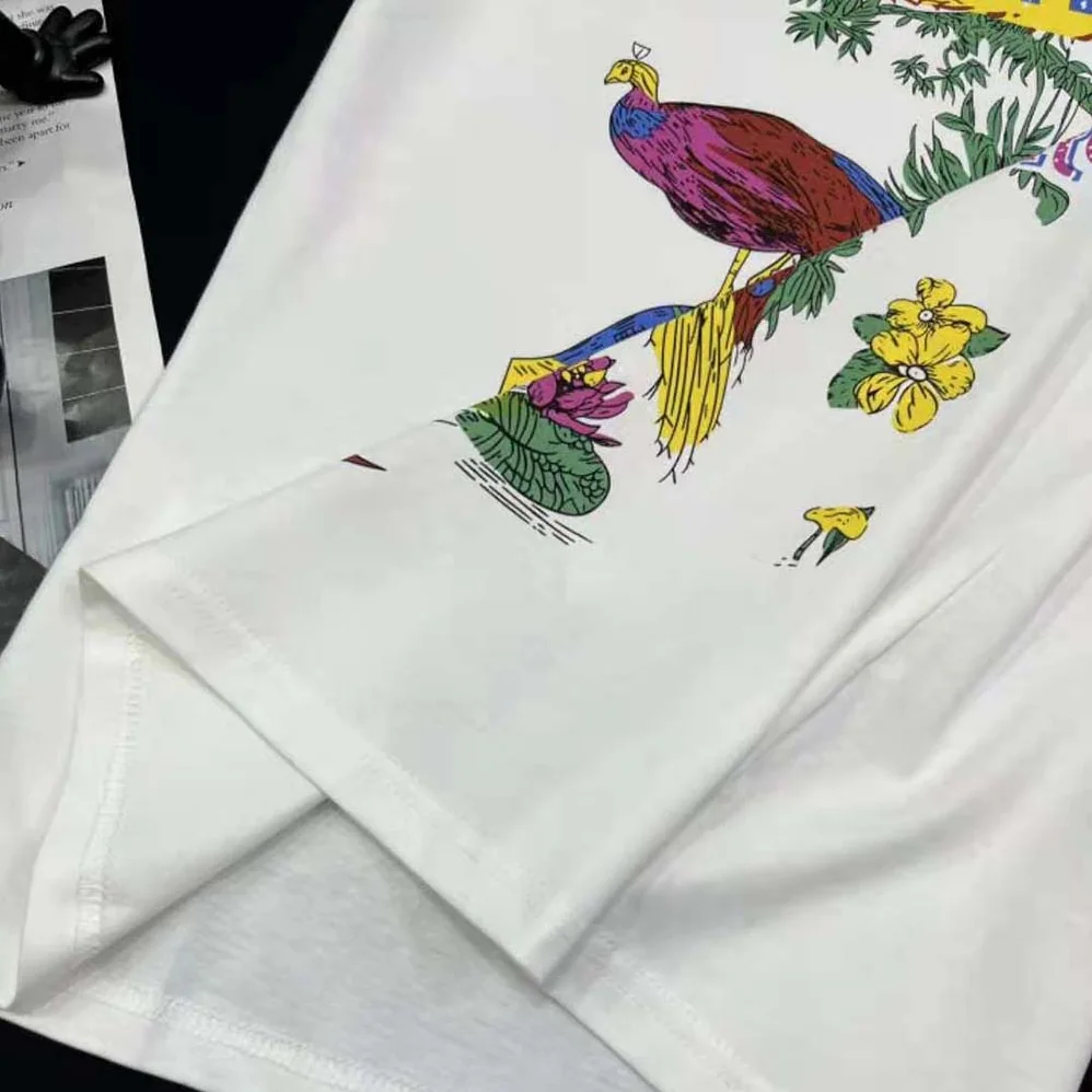 Dior T-shirt White Cotton and Linen Jersey with Multicolor Indian Animals Peacock Motif for Men