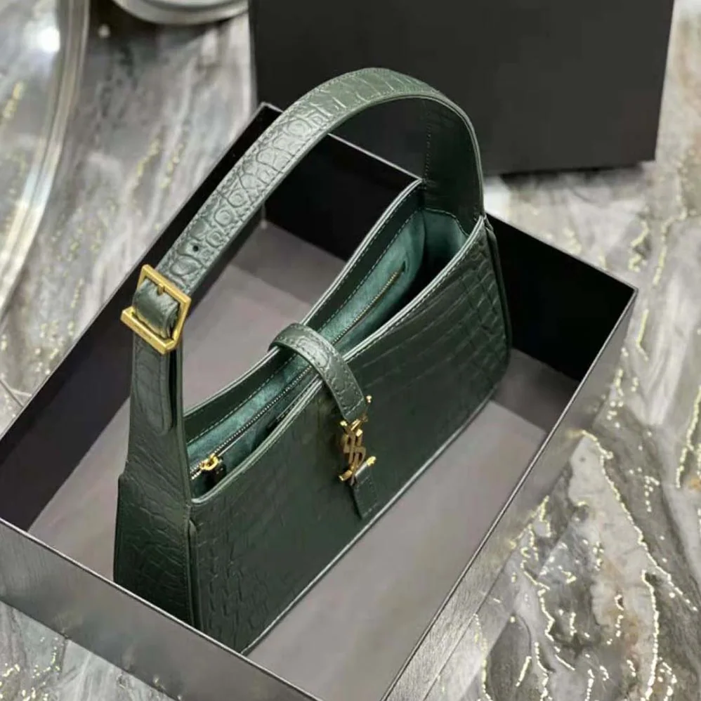 Saint Laurent YSL Le 5 A 7 Hobo Bag in Crocodile-Embossed Leather for Women in Green Saint Laurent YSL Le 5 A 7 Hobo Bag in Crocodile-Embossed Leather for Women in Green