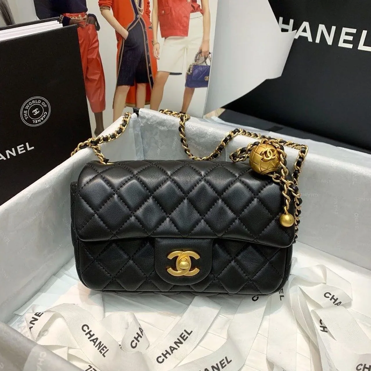 Chanel Flap Bag With CC Ball On Strap Small Crossbody in Black Gold Hardware