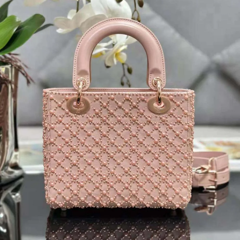 Dior Small Lady Dior Bag Rose Des Vents Cannage Calfskin Embroidered with Resin Pearls for Women Dior Small Lady Dior Bag Rose Des Vents Cannage Calfskin Embroidered with Resin Pearls for Women