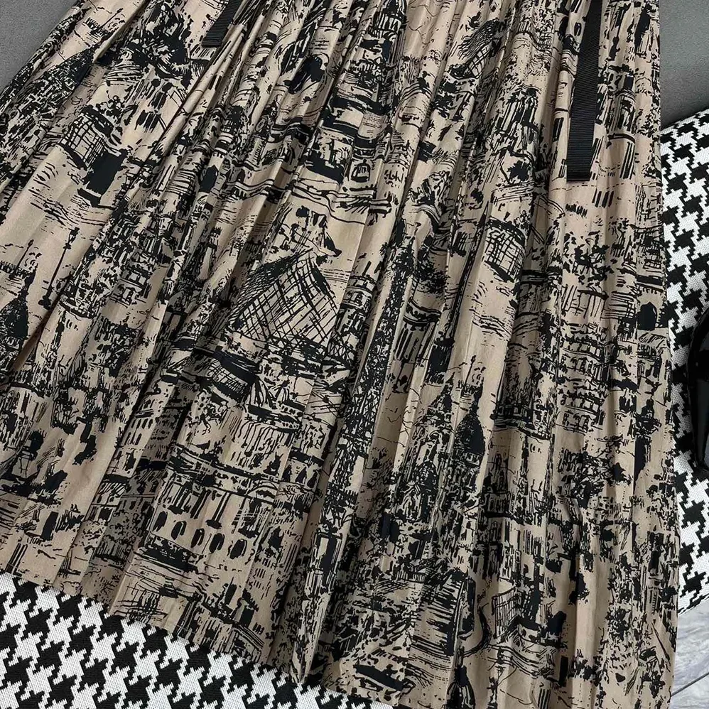 Dior Pleated Mid-Length Skirt Beige and Black Cotton Gabardine with Paris Allover Motif for Women