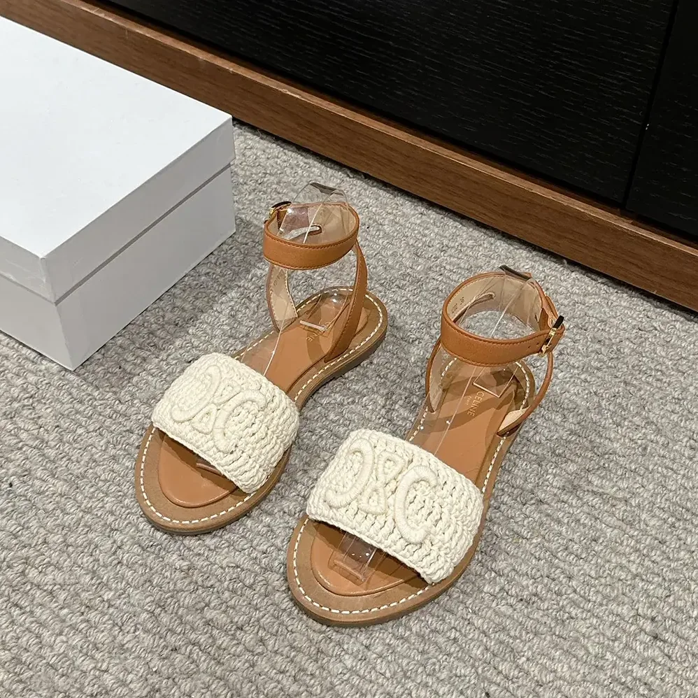 Celine Lympia Sandal in Triomphe Maccramé Cotton & Calfskin for Women in White Celine Lympia Sandal in Triomphe Maccramé Cotton & Calfskin for Women in White