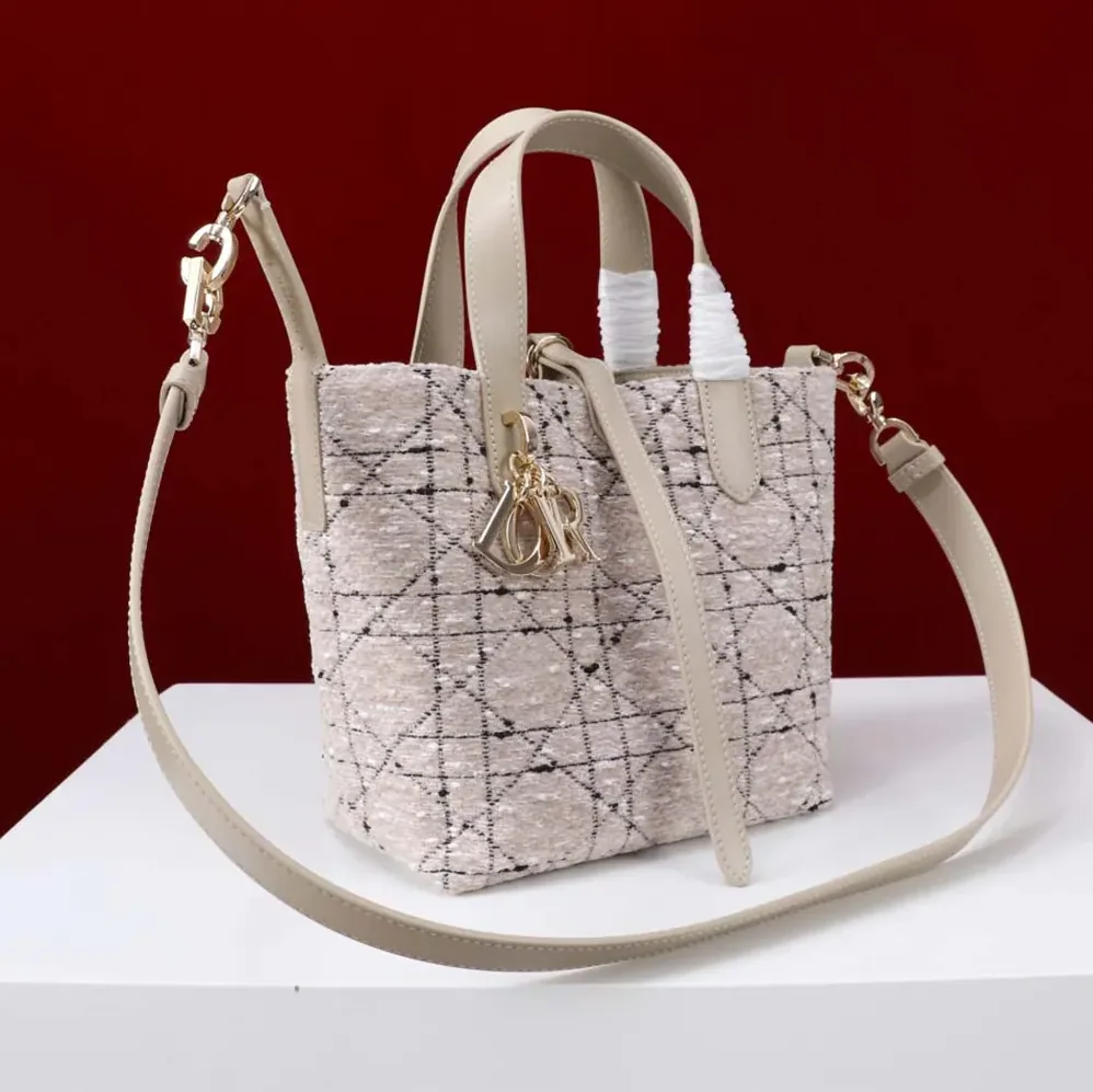 Dior Small Dior Toujours Vertical Tote Bag Beige Tweed with Black Cannage Motif for Women