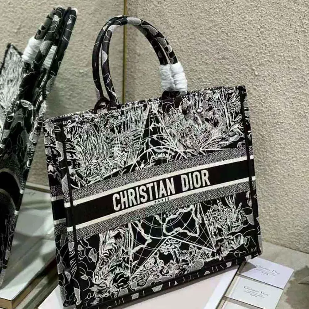 Dior Book Tote Black and White Dior Around the World Embroidery for Women