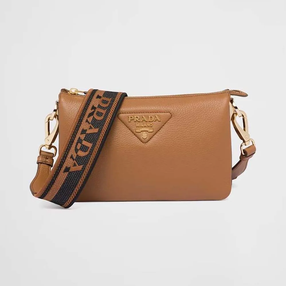 Prada Leather Shoulder Bag with Metal Lettering Logo for Women in Brown