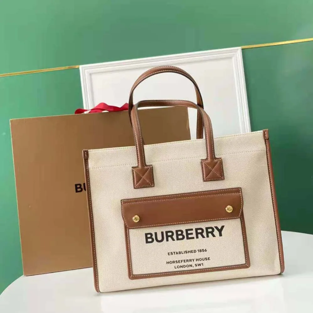 Burberry Medium Two-tone Canvas and Leather Freya Tote for Women in Brown Burberry Medium Two-tone Canvas and Leather Freya Tote for Women in Brown
