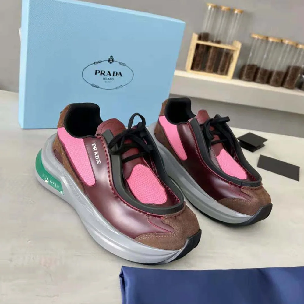 Prada Brushed Leather Sneakers with Bike Fabric and Suede Elements for Men in Pink