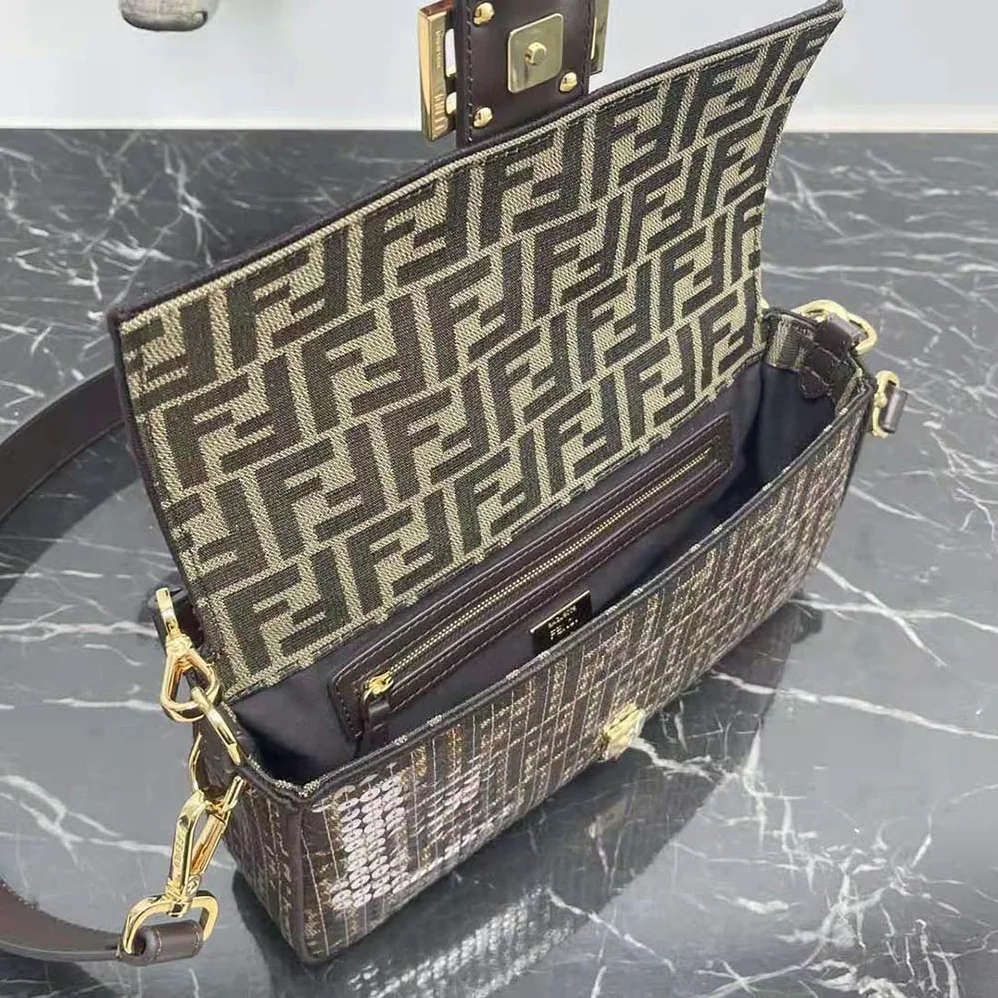 Fendi Baguette Brown FF Jacquard Fabric Bag with Sequins for Women Fendi Baguette Brown FF Jacquard Fabric Bag with Sequins for Women
