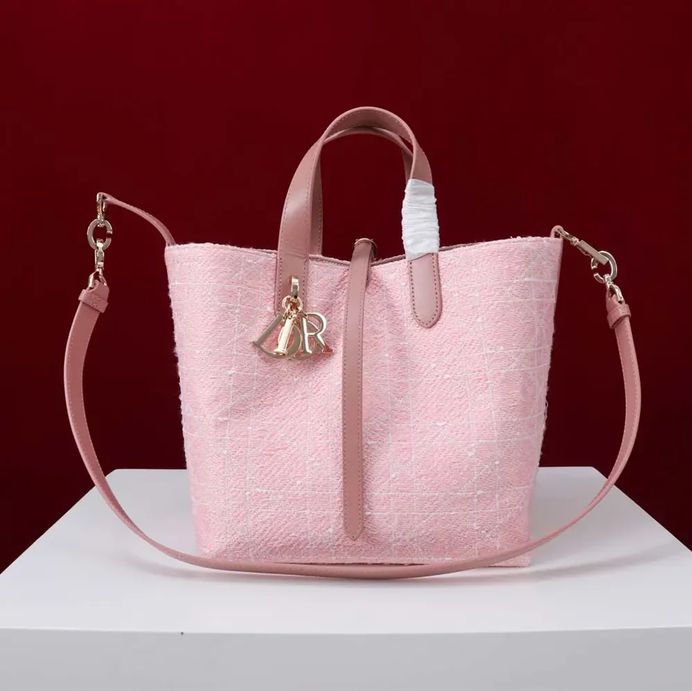 Dior Medium Dior Toujours Vertical Tote Bag Pink Tweed with White Cannage Motif for Women